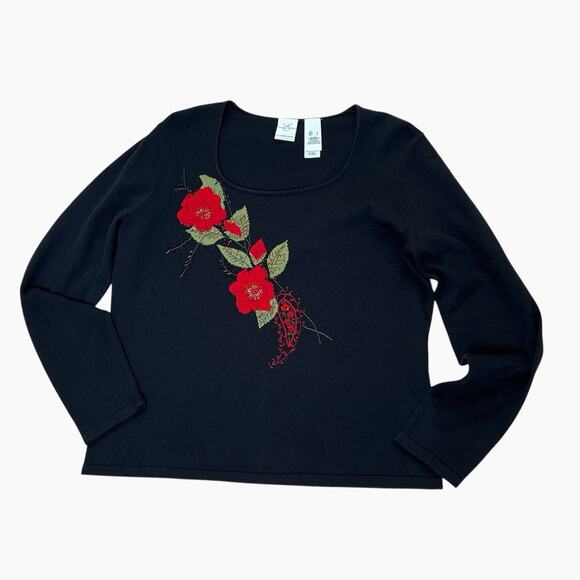 Vintage Emma James Knit Sweater Black Size Large Embellished Beaded Red Flowers - Picture 4 of 9